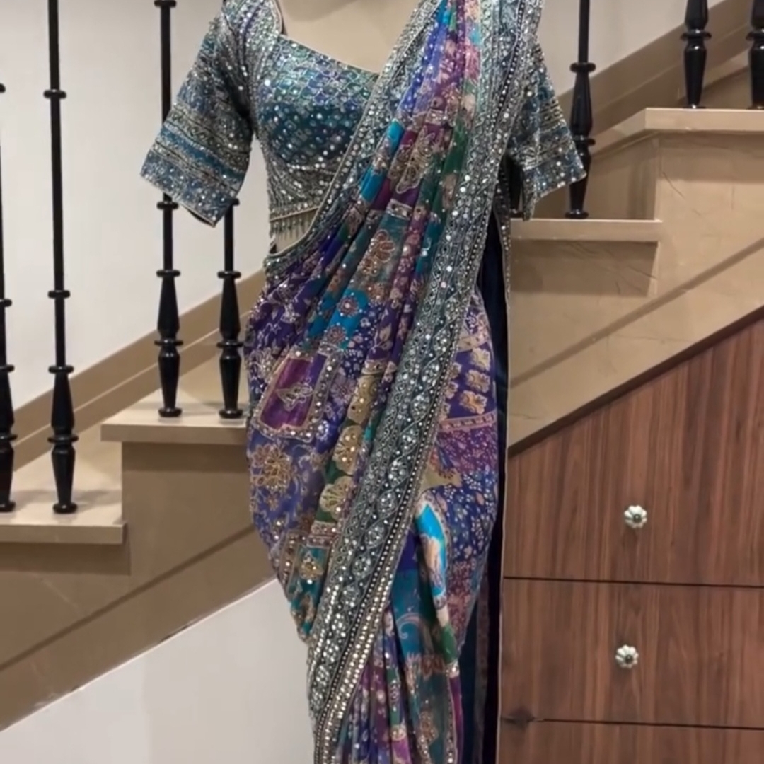 Embellished Multicolor Sari With Blouse